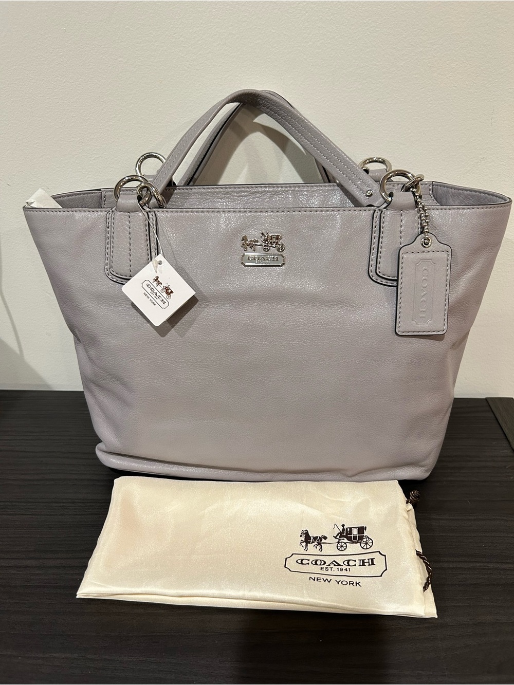 Coach Chelsea East-West Patent Leather Tote in light gray NWT